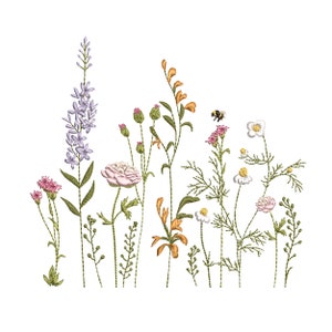 Botanical flower embroidery design with colorful wildflower stems and blossoms