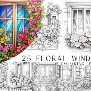 Greyscale floral window coloring pages, 25 printable sheets with door and flower designs