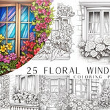 25 Floral Window Coloring Pages - Adults And Kids Coloring Book, Greyscale, Digital Coloring Sheets, Instant Download, Printable PDF File.