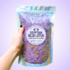 Bag of Egyptian blue lotus loose petals and stamens, purple and blue dried flowers