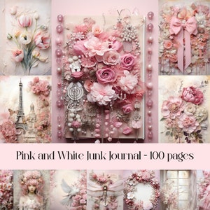 Pink and white junk journal scrapbook pages with floral frames, ribbons, and pearl details