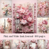 Pink and White Junk Journal Pages, scrapbook paper, feminine and elegant, frames and flowers, collage paper, printable images
