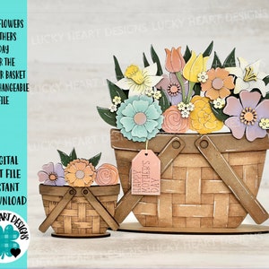 Floral tiered tray flower basket SVG design with spring flowers and gift tag