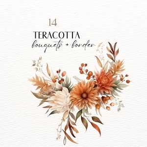 Watercolor terracotta floral bouquet clipart with orange, brown, and cream flowers