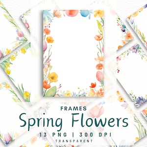Watercolor spring flowers frame clipart set with 13 floral borders on white