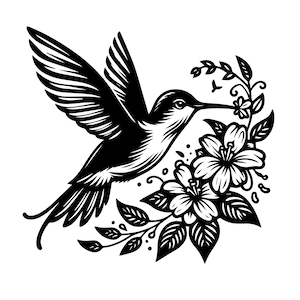Black hummingbird with wings open and floral bouquet svg clipart