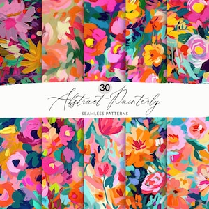 Seamless abstract floral pattern set with bright multicolor painted flowers