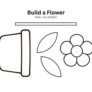 Kids flower craft kit with flower and leaf pieces, color, cut, and glue guide