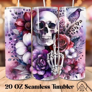 Skull and flower seamless tumbler wrap with purple leopard patterns and graphic skull