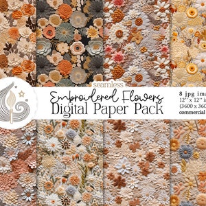 Seamless embroidered flower digital paper pack, 3D floral pattern sheets