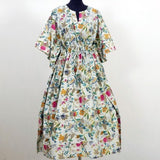 KAFTAN Long loose Kaftan indoor dress in light cotton, white flower print, night dress.