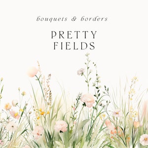 Watercolor wildflower clipart with blush and peach flowers in a spring meadow