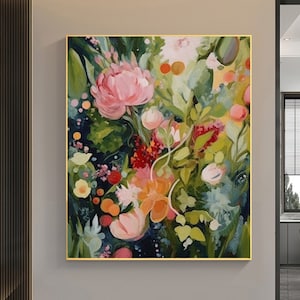 Framed abstract floral oil painting on canvas with pink flowers, green leaves, and colorful dots