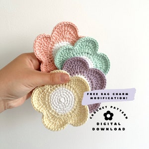 Crochet flower coaster pattern PDF featuring four pastel crocheted flower coasters
