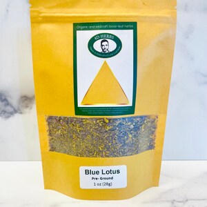 Pre-ground blue lotus petals and stems in a resealable bag with green label