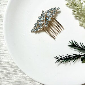 Rhinestone hair comb with crystal leaf design and gold-tone metal teeth