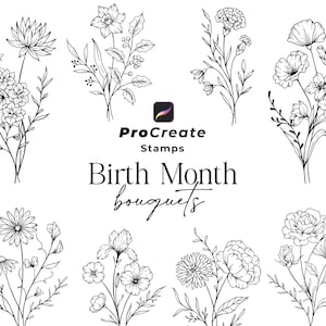 Procreate flower stamp brush set with botanical line-art leaves and blooms