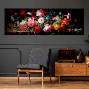 Panoramic floral canvas wall art with colorful bouquet painting on dark background