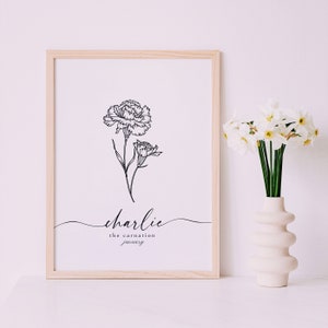 Framed birth flower print with line-art blossom and cursive name Charlie.