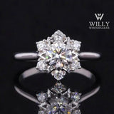 Cluster Halo Flower Shaped Unique Designer Wedding Ring, Amazing 1/ 1.25/ 2 Carat Round Cut Moissanite Anniversary Ring, Christmas Gift Ring