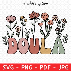Personalized doula shirt design with pink floral DOULA lettering