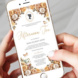 Afternoon tea invitation design on phone screen, white with gold rose frame and rose corners