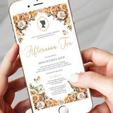 White With Gold Roses Afternoon Tea Electronic Invite, Bridgerton Cameo, Editable Digital Download Invite for Gold Birthday, Gold Tea Party