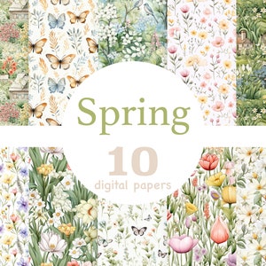 Spring floral seamless digital paper set with wildflowers, tulips, and butterflies in assorted colors