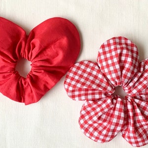 Oversized heart scrunchie set: solid red and red-and-white gingham hair ties