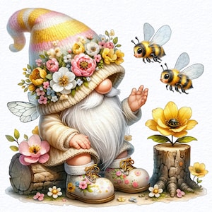 Watercolor gnome clipart with flowers and two bees perched on a stump and log