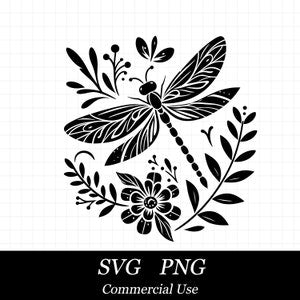 Floral dragonfly SVG/PNG design with black leaf and flower illustration