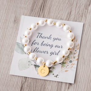 Flower girl bracelet with white pearl beads and gold letter C charm