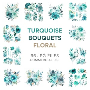 Turquoise floral clipart set with multiple teal flower bouquets and leaf accents
