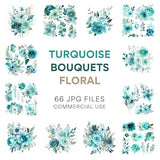 Turquoise Bouquets Floral Clipart: Rustic Wedding Vintage Flowers, Teal Floral JPG Art