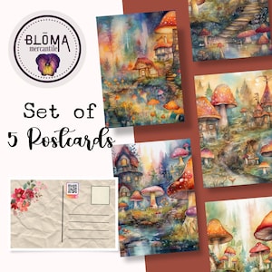 Set of five illustrated postcards with whimsical mushroom village scenes