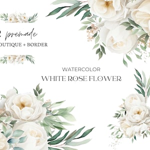 Watercolor white rose floral border clipart with bouquets and eucalyptus leaves