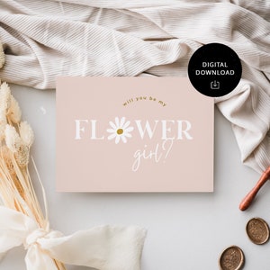 Flower girl proposal card, pink "FLOWER girl?" text with flower icon and digital download seal