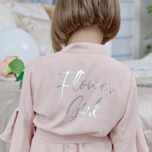 Light pink flower girl ruffle robe with embroidered 'Flower Girl' on back