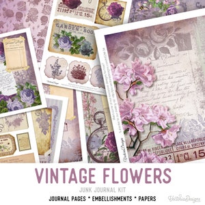 Vintage flowers junk journal kit with floral papers, tags, and ephemera sheets for DIY crafting