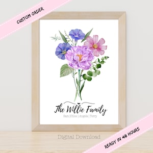 CUSTOM Water Color Family Birth Bouquet, Grandma's Gift, Family Flower Bouquet, Birth Month Flower, Mom Personalized Gift, Digital Download