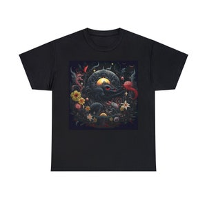 Unisex black heavy cotton T-shirt with colorful dragon-in-flowers graphic print