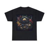 Draco Opiliones among Sunset Flowers - this arachnid dragon sleeping watchfully, eyes-open  - Unisex Heavy Cotton Tee