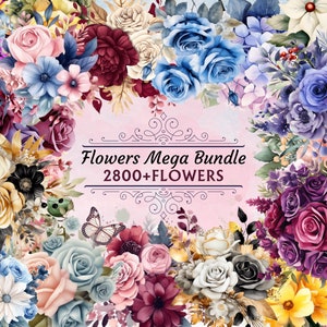 Watercolor flower clipart bundle with colorful floral bouquets and elements collage