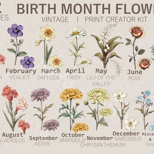 Vintage birth month flower clipart sheet with assorted labeled blossoms, Jan–Dec