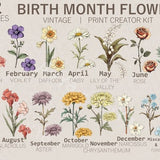 Birth Month Flowers Clipart, Floral Antique PNG bundle, Flower Print Creator Kit DIY Birth Month Flower Graphic, Botanical Clipart , Vintage