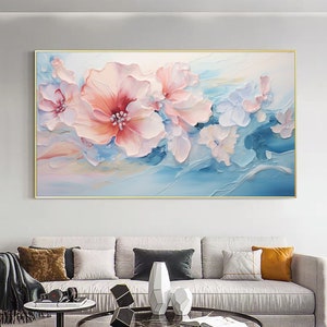 Abstract blossom oil painting on canvas with pink and blue floral blossoms, framed rectangle
