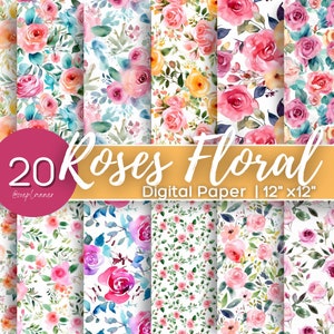 Watercolor rose floral digital paper set: 12x12 patterns with pink and blue roses