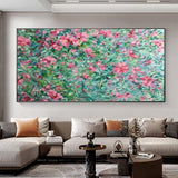 Abstract Blossom Flower Landscape Oil Painting on Canvas, Large Original Spring Green Pink Floral Wall Art, Modern Living Room Home Decor