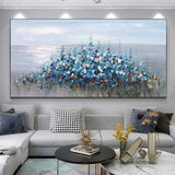 Abstract Blue Blossom Flower Seascape Oil Painting on Canvas, Large Original Floral Landscape Painting Modern Wall Art Living Room Decor