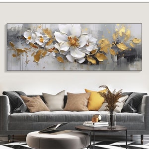 Gold and white floral abstract wall art canvas with flowers and gold accents, rectangular